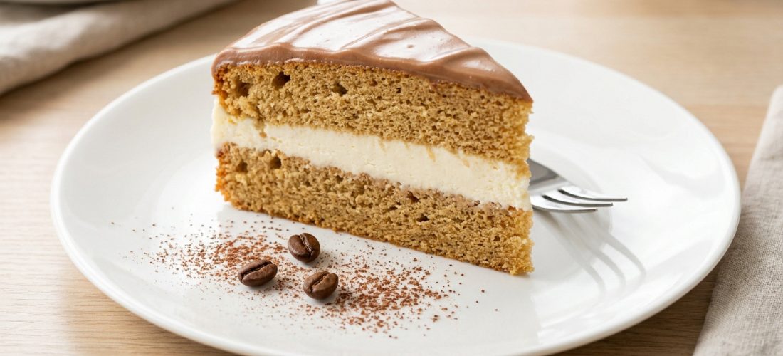 Part de gâteau café chocolat sur assiette blanche, avec glaçage marron et crème blanche. Grains de café et cacao en poudre. Fourchette.
