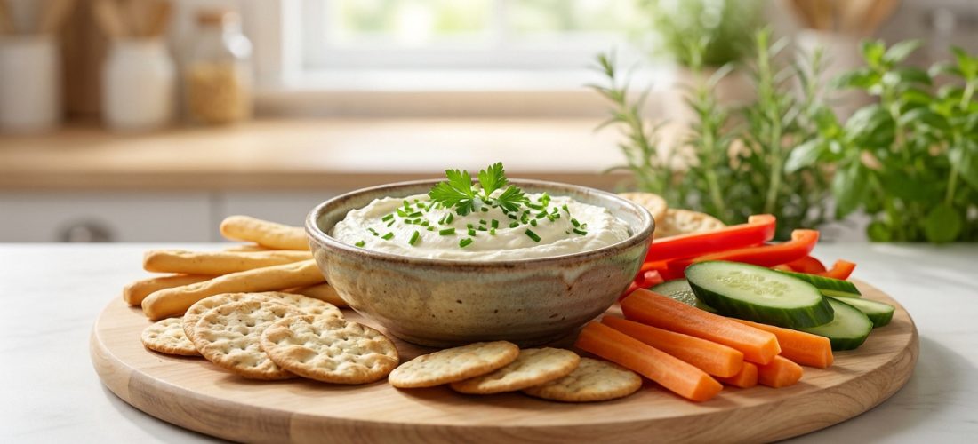 Bol de dip au fromage de chèvre frais, garni de ciboulette, servi avec des crackers et des bâtonnets de légumes frais.