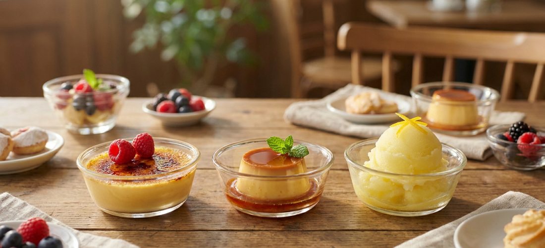Sélection de desserts gourmands servis dans des bols en verre sur une table en bois rustique.