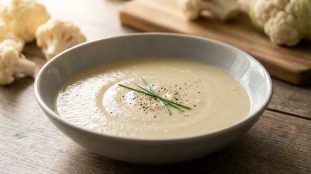 Bol de velouté de chou-fleur crémeux garni de ciboulette, sur une table en bois avec des morceaux de chou-fleur.