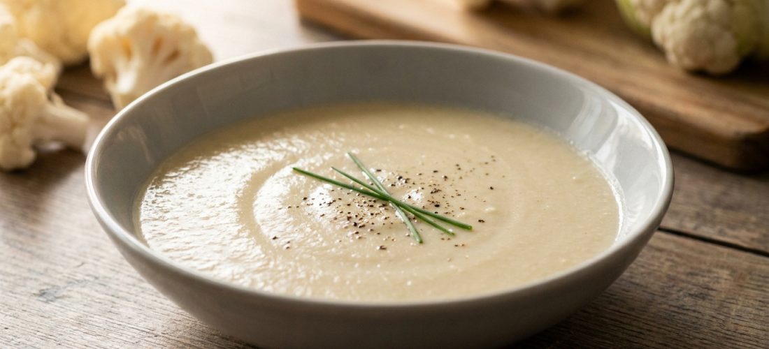 Bol de velouté de chou-fleur crémeux garni de ciboulette, sur une table en bois avec des morceaux de chou-fleur.
