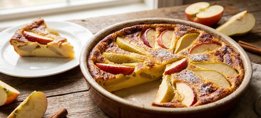 Clafoutis pommes poires avec poires Conférence et pommes Golden, dessert d'automne