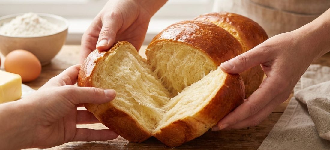 Brioche maison moelleuse avec mie filante, réalisée sans robot, sur une table en bois