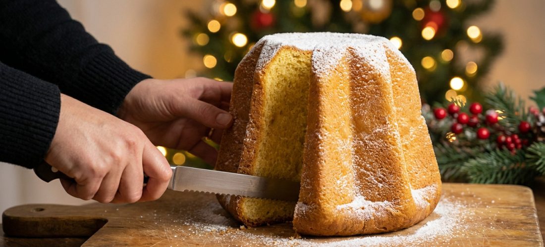 Pandoro Lidl, a popular Italian Christmas cake with a star shape and dusted with powdered sugar, showcasing its fluffy texture.
