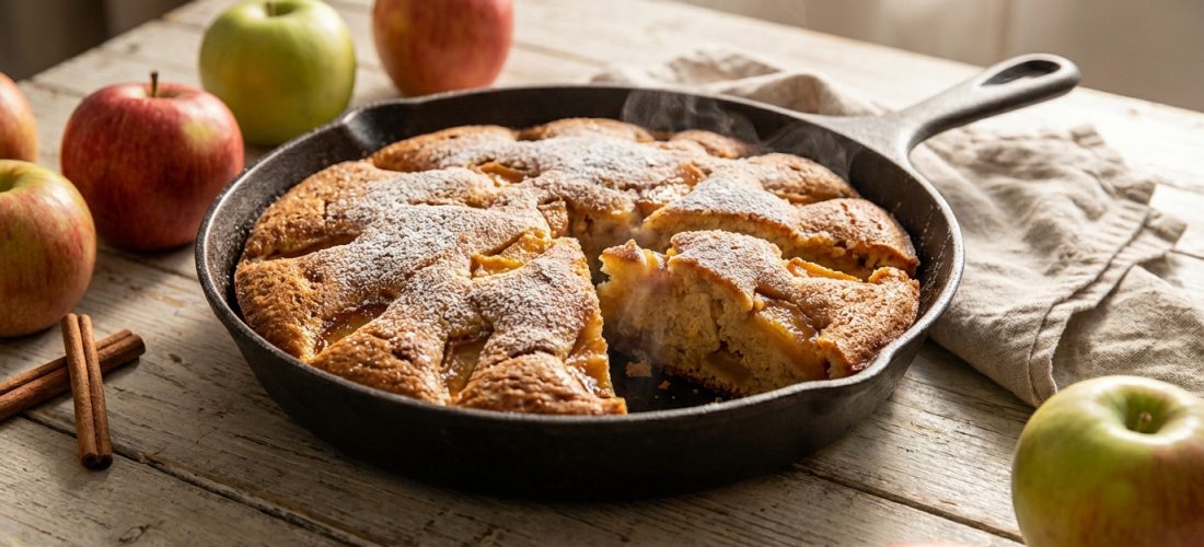 Gâteau aux pommes moelleux cuit à la poêle, avec des tranches de pommes caramélisées sur le dessus