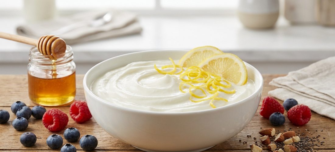 Bol de yaourt nature garni de zestes de citron, avec du miel, des myrtilles, des framboises et des amandes.